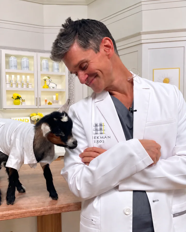 Beekman 1802 founder beside a goat at a skincare event
